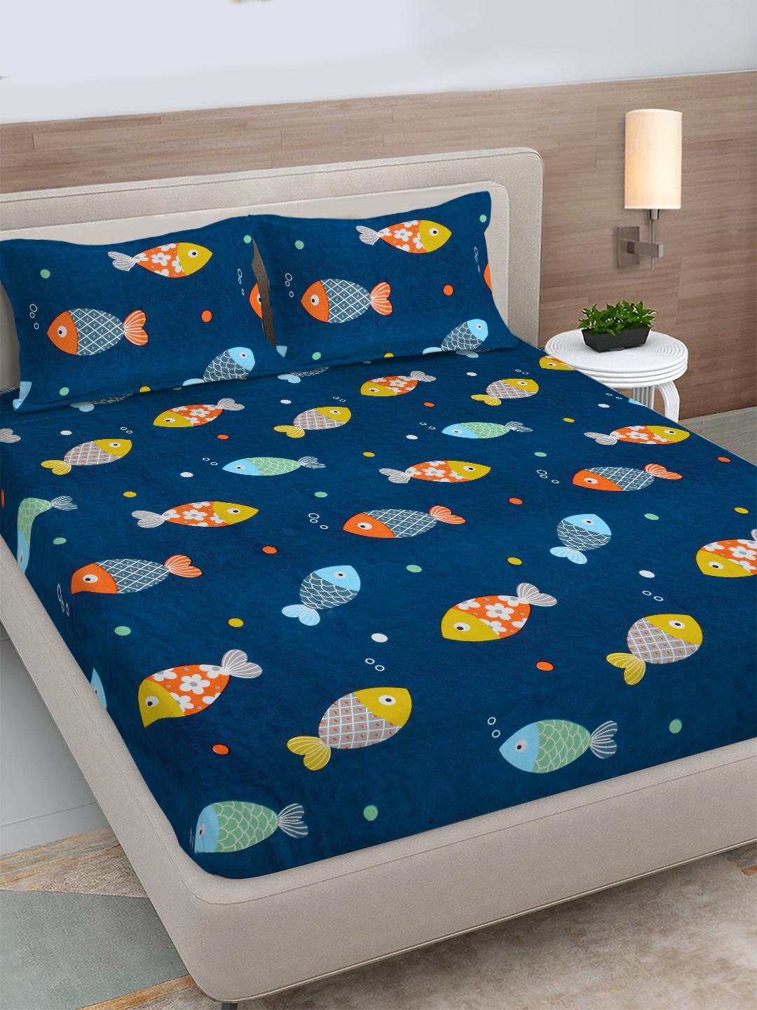 Buy FABINALIV Blue Cartoon Print Polycotton 300 TC Fitted King Bedsheet With 2 Pillow Covers -  - Home for Unisex Kids
