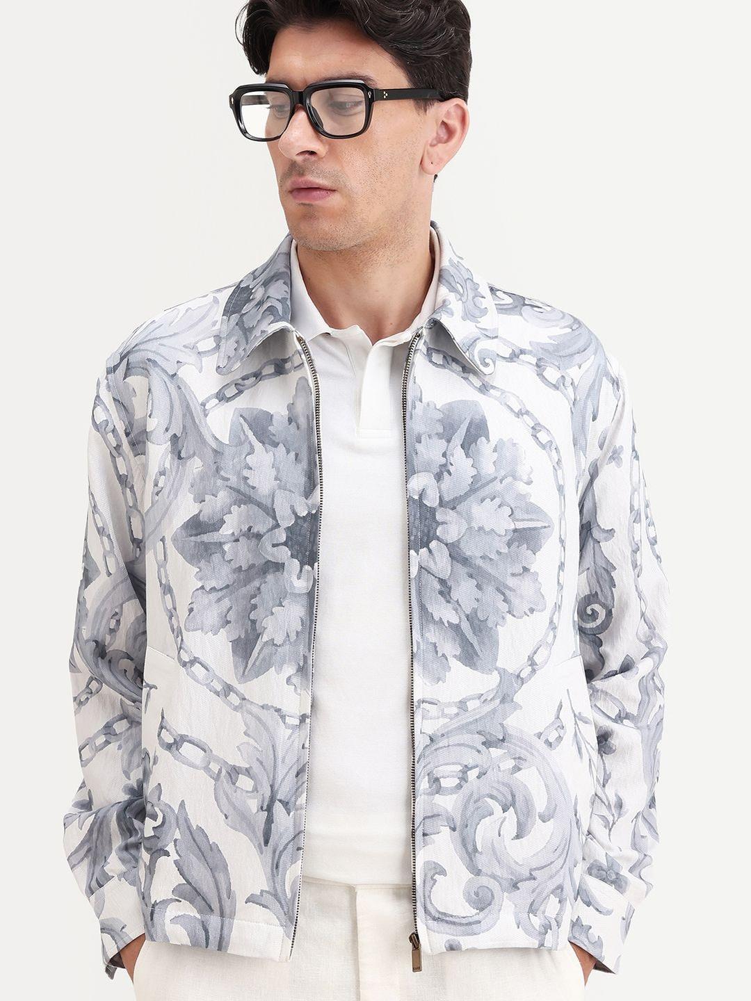 Buy RARE RABBIT Men Printed Nulo Twill Spread Collar Zip Front Tailored ...