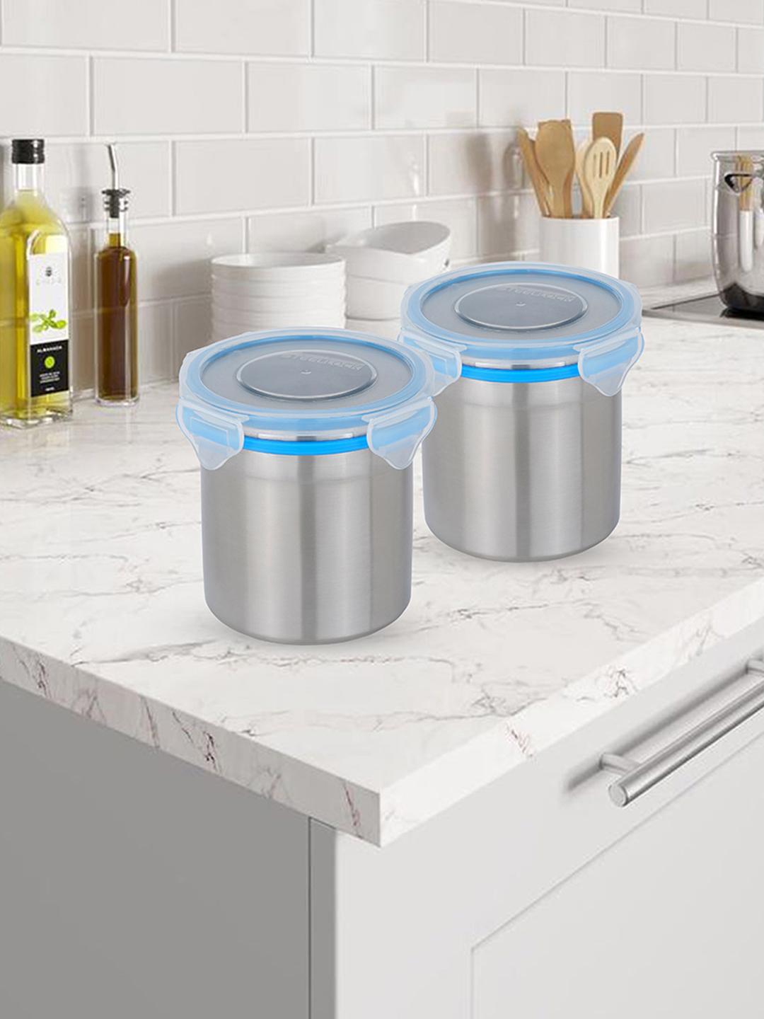 Buy STEELLOCK Silver Toned 2 Pieces Stainless Steel Air Tight Containers With Lid 500 Ml Each -  - Home for Unisex