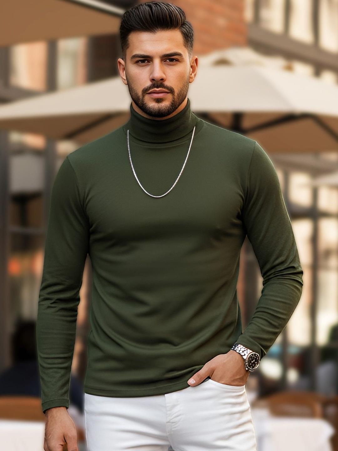 Buy AUSK Men Olive Green Muscle Fit High Neck T Shirt - Tshirts for Men ...