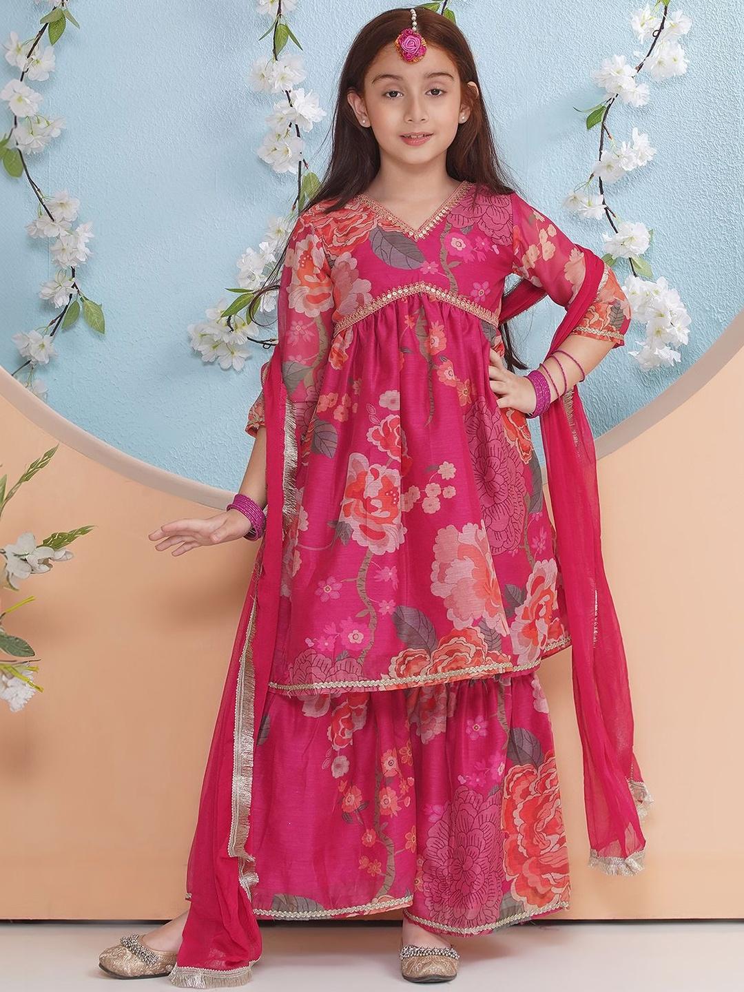 Girls Floral Printed Empire Kurta With Sharara & With Dupatta