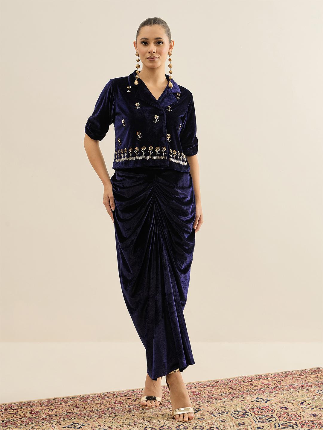 Antheaa Velvet Embellished V-Neck Tunic & Trousers Co-Ords main image 0