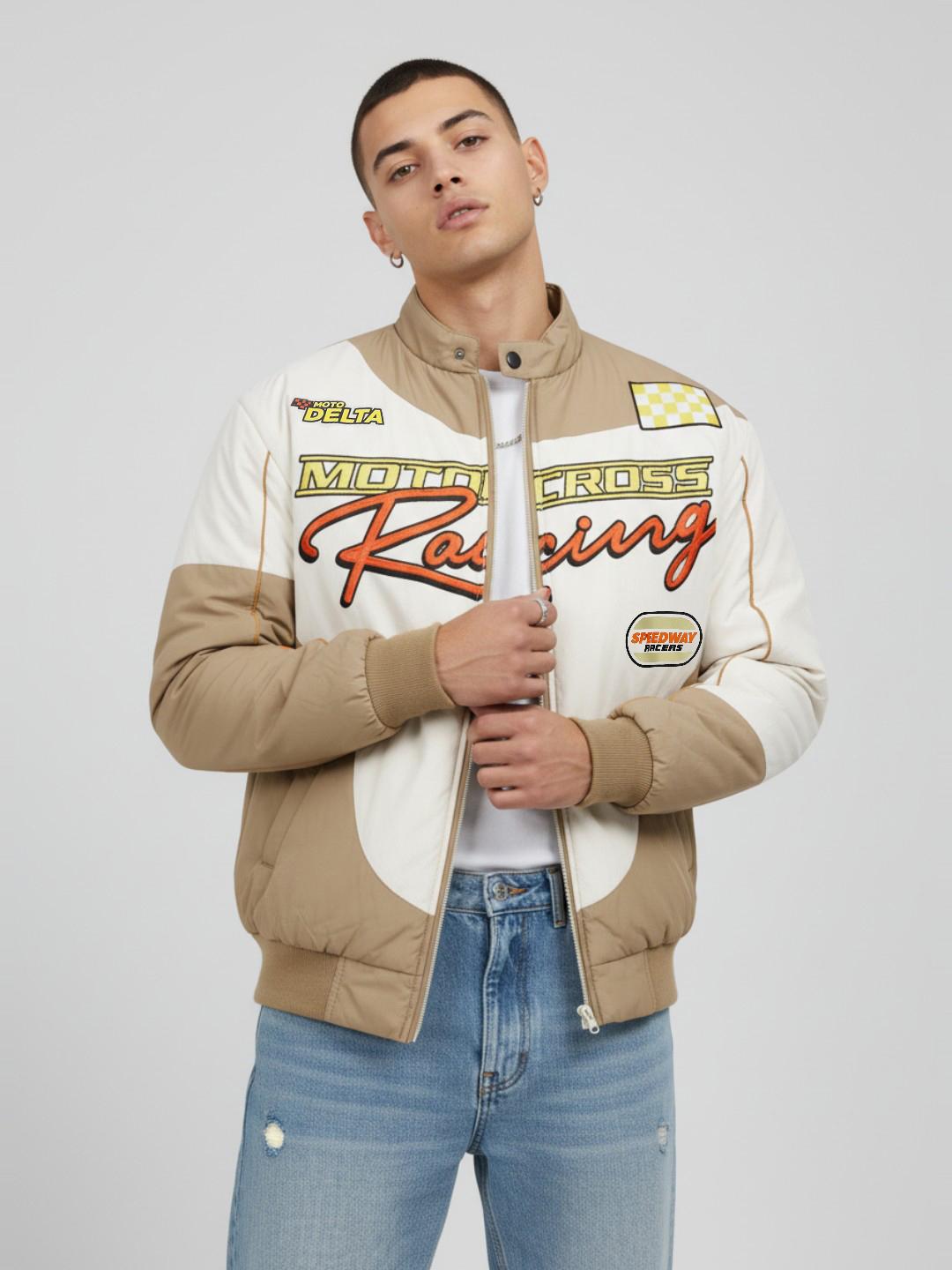 glitchez Men Typography Print Relaxed Bomber Jacket