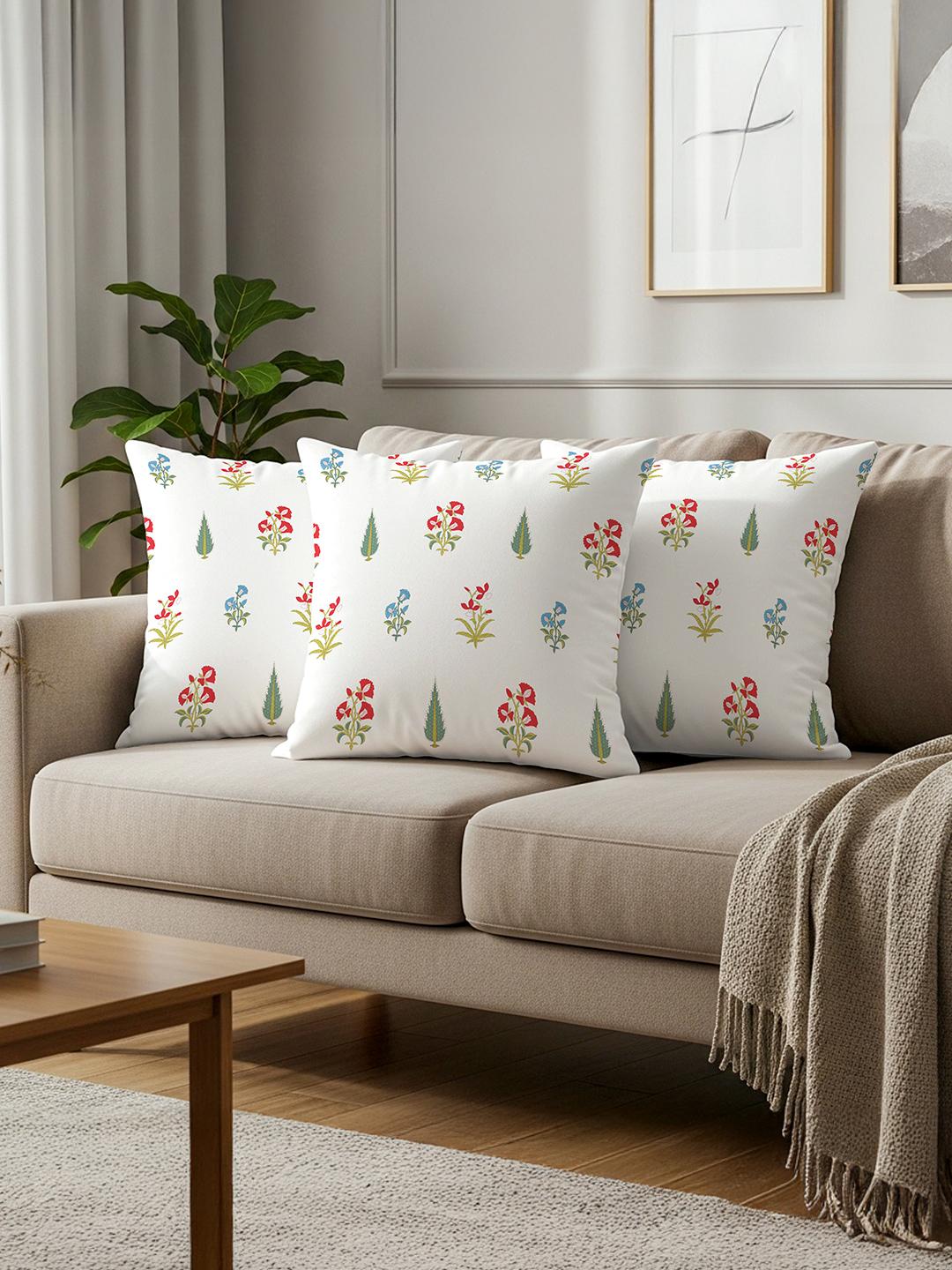 Buy URBAN SPACE White & Green 3 Pieces Floral Printed Cotton Square Cushion Covers - - Home for Unisex