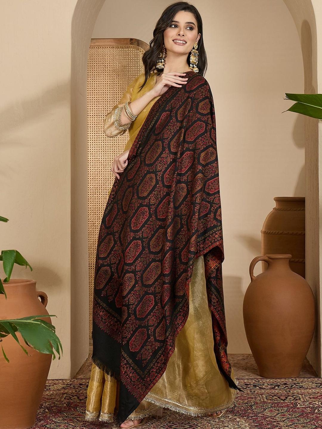 Buy Sangria Ethnic Motifs Woven Design Pashmina Fringed Border Shawl - - Apparel for Women