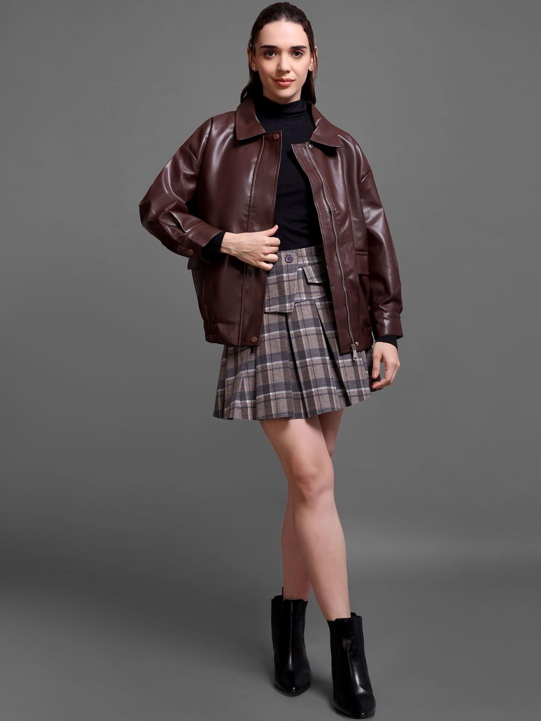 iki chic Women Leather Bomber Jacket