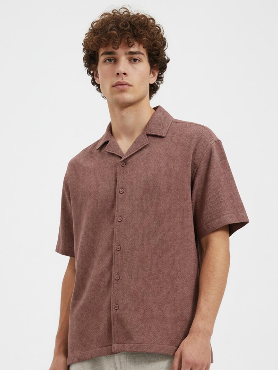 glitchez Textured Cuban Collar Drop-Shoulder Sleeves Oversized Casual Shirt