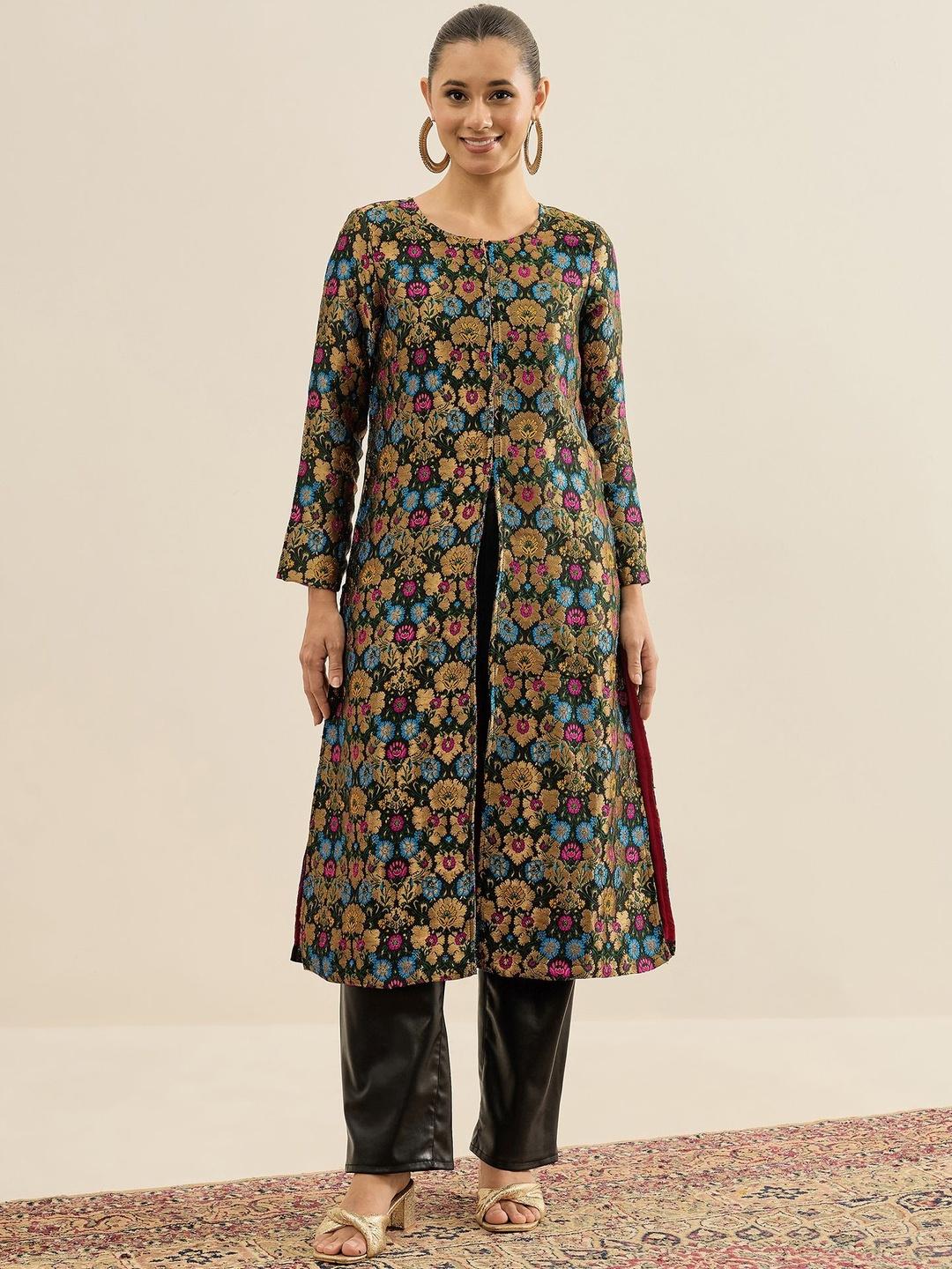 Antheaa Women Floral Longline Open Front Jacket