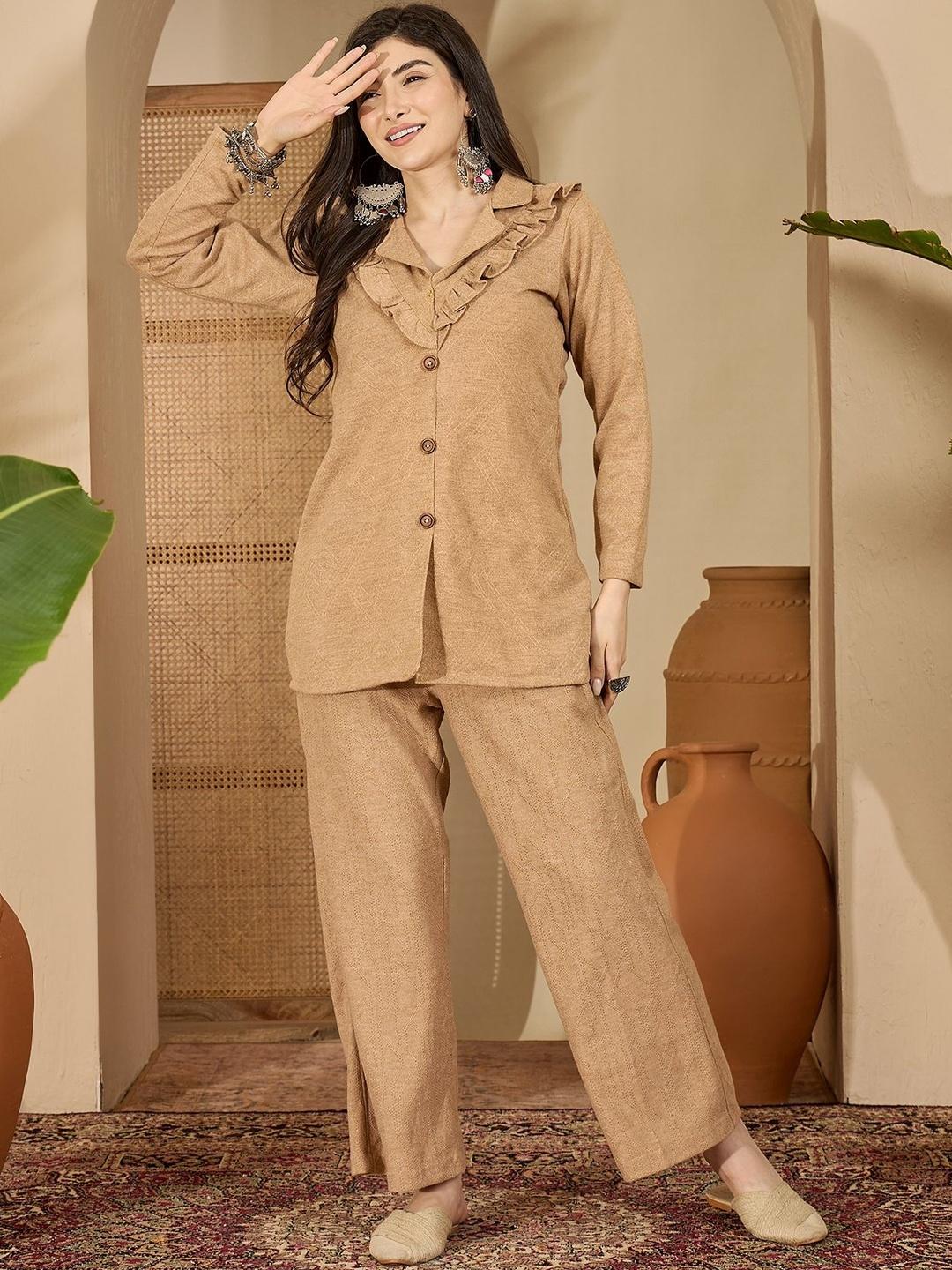 Buy Winter Self Textured Peter Pan CollarTunic & Palazzos Co Ords - - Apparel for Women