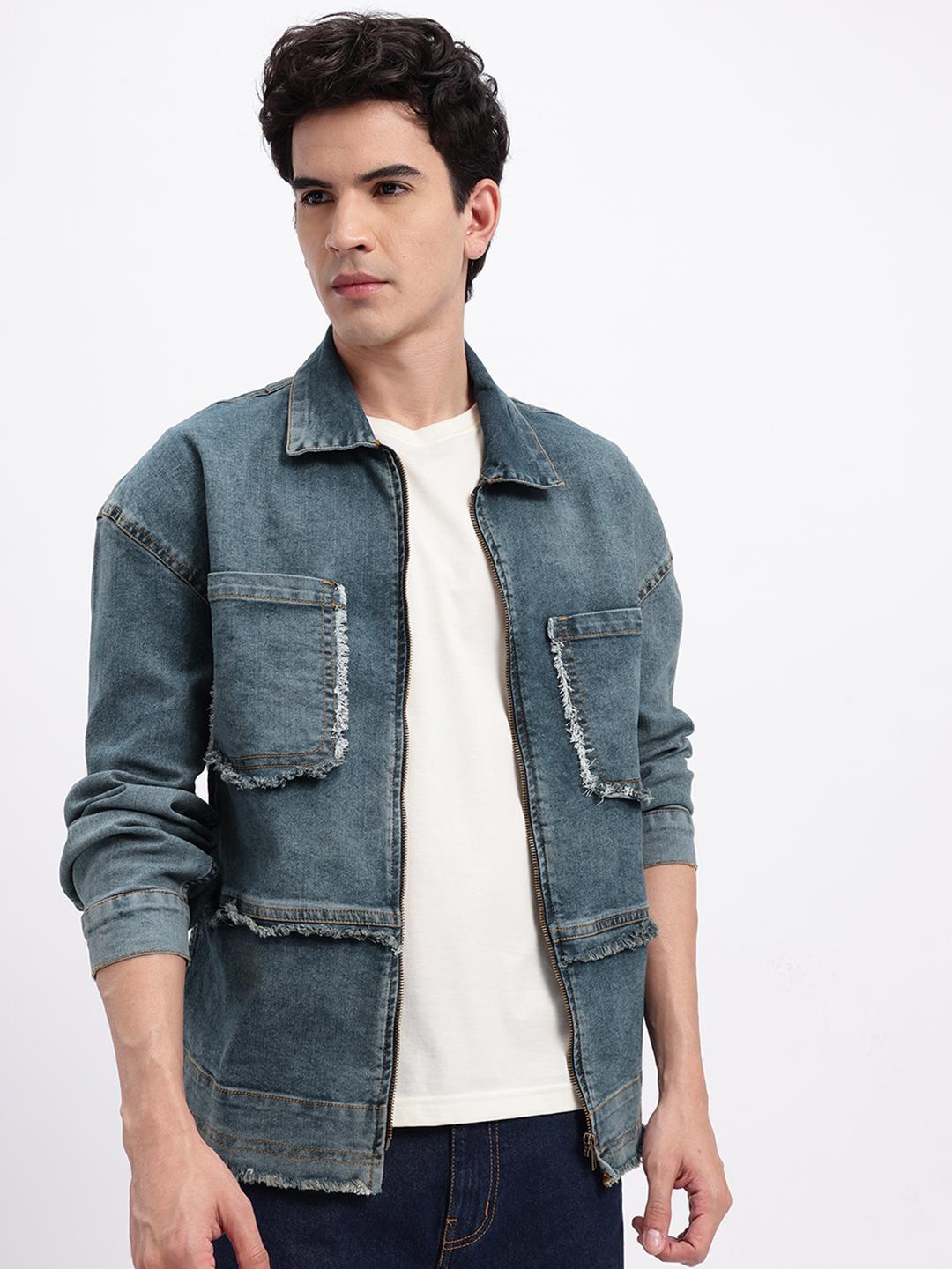 Buy Glitchez Zip Closure Denim Jacket With Frayed Details - Jackets for ...