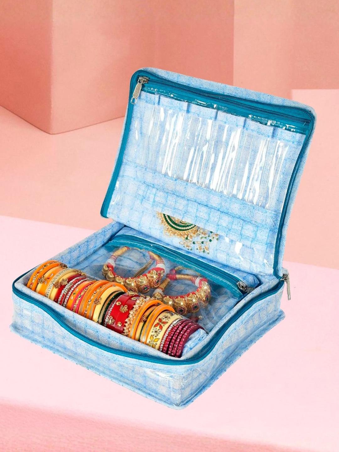 Buy Kuber Industries Blue & White Checked Jewellery Box With 4 Transparent Pouches & 1 Bangle Rod -  - Home for Unisex