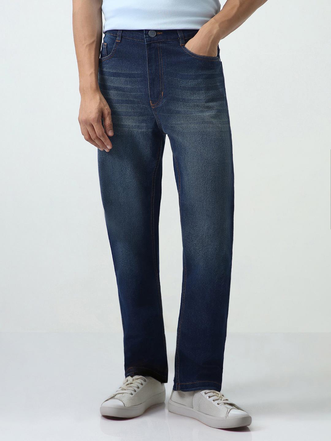 Urbano Fashion Men Dark Blue Straight Fit Heavy Washed Stretchable Jeans