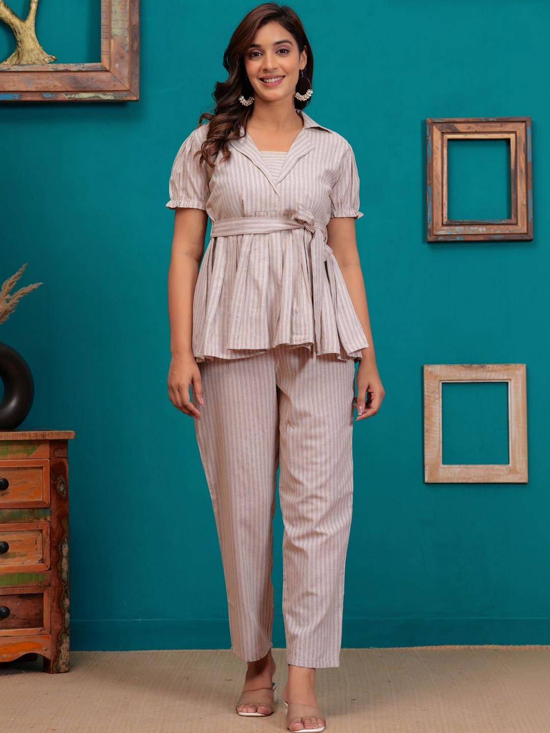 Buy HERE&NOW Striped Cotton Shirt Collar Neck Top With Trousers Co Ords -  - Apparel for Women