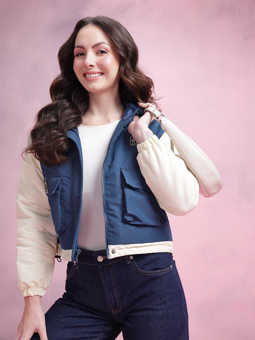 DressBerry Colourblocked Crop Padded Jacket with Applique Details