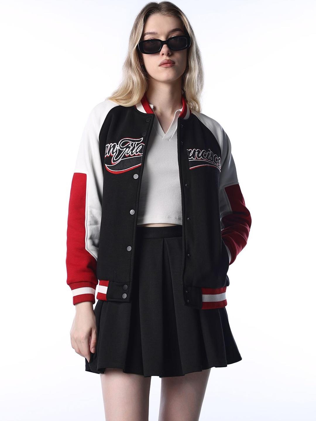 ONLY Women Typography Colourblocked Varsity Jacket with Embroidered
