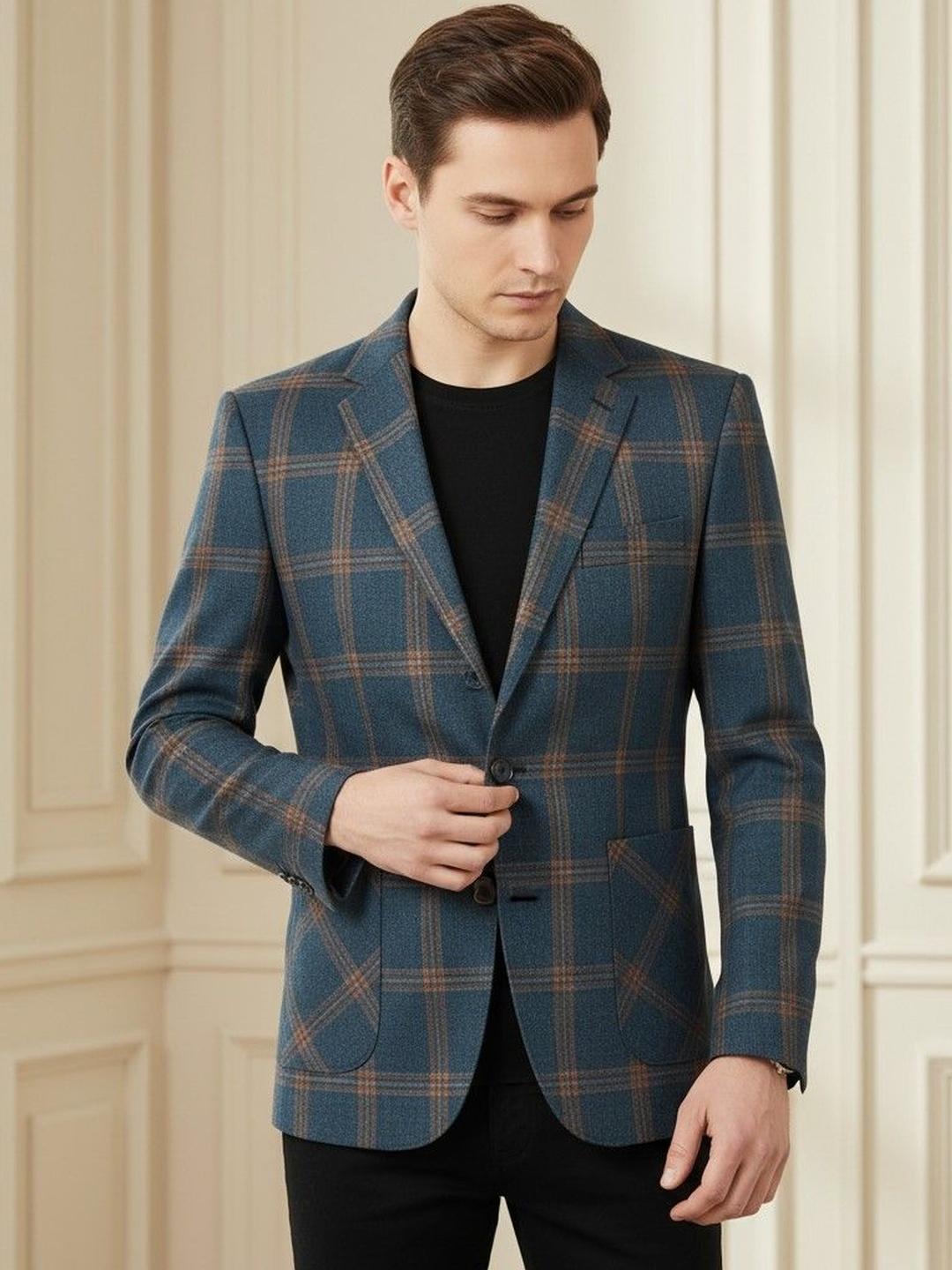 Men's Green Checked Notched Lapel Slim-Fit Single-Breasted Blazer