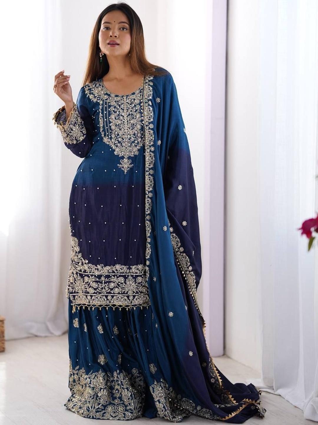 Women Ethnic Motifs Embroidered Kurta with Sharara & Dupatta