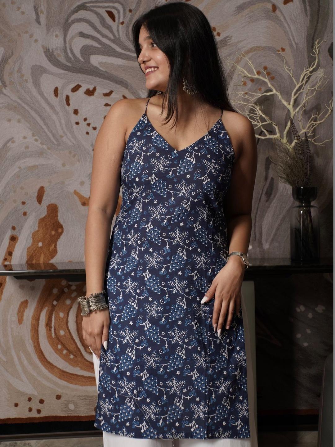 Buy Avataraa Women Indigo Pure Cotton Block Printed Backless Kurti ...