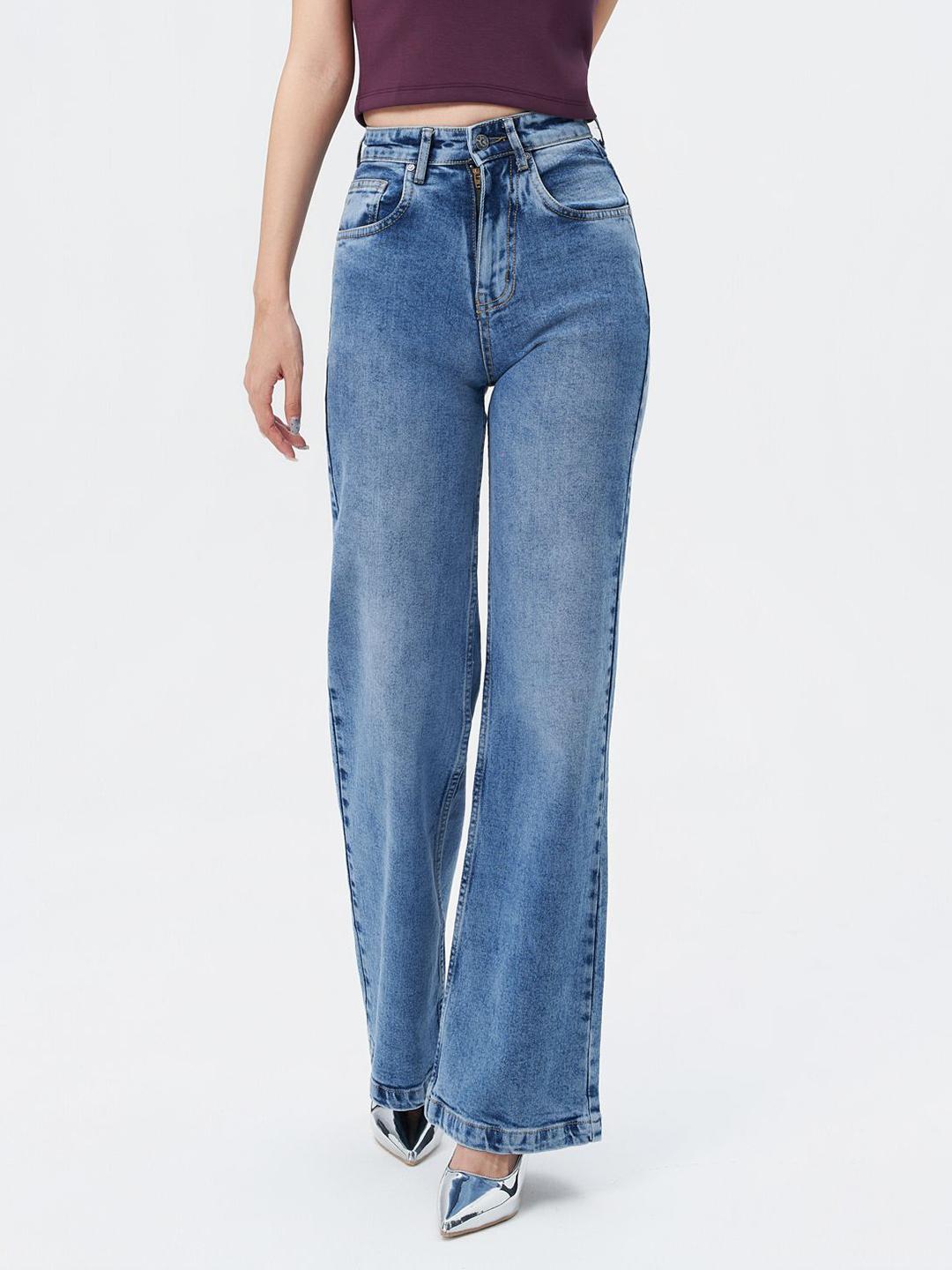 Off Duty India Women Wide Leg High-Rise Low Distress Heavy Fade Jeans
