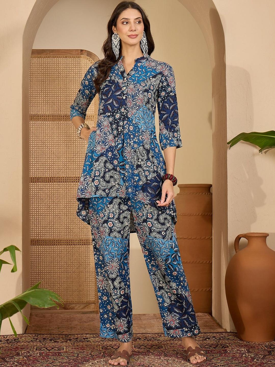 Buy Sangria Printed Mandarin Collar Tunic & Trousers Co Ords -  - Apparel for Women