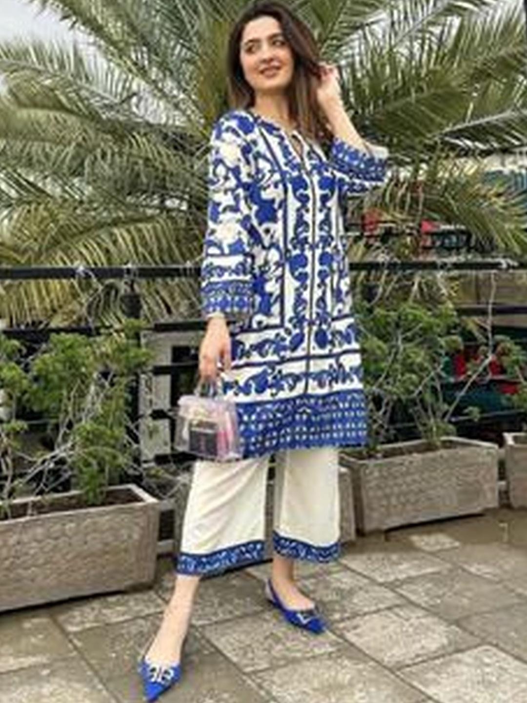 Buy Swibona Blue & White Printed Round Neck Tunic & Palazzos Co Ords - - Apparel for Women