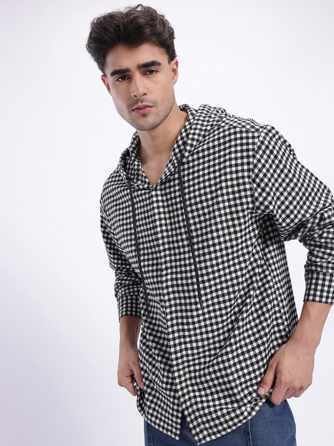 glitchez Checked Hooded Oversized Shirt