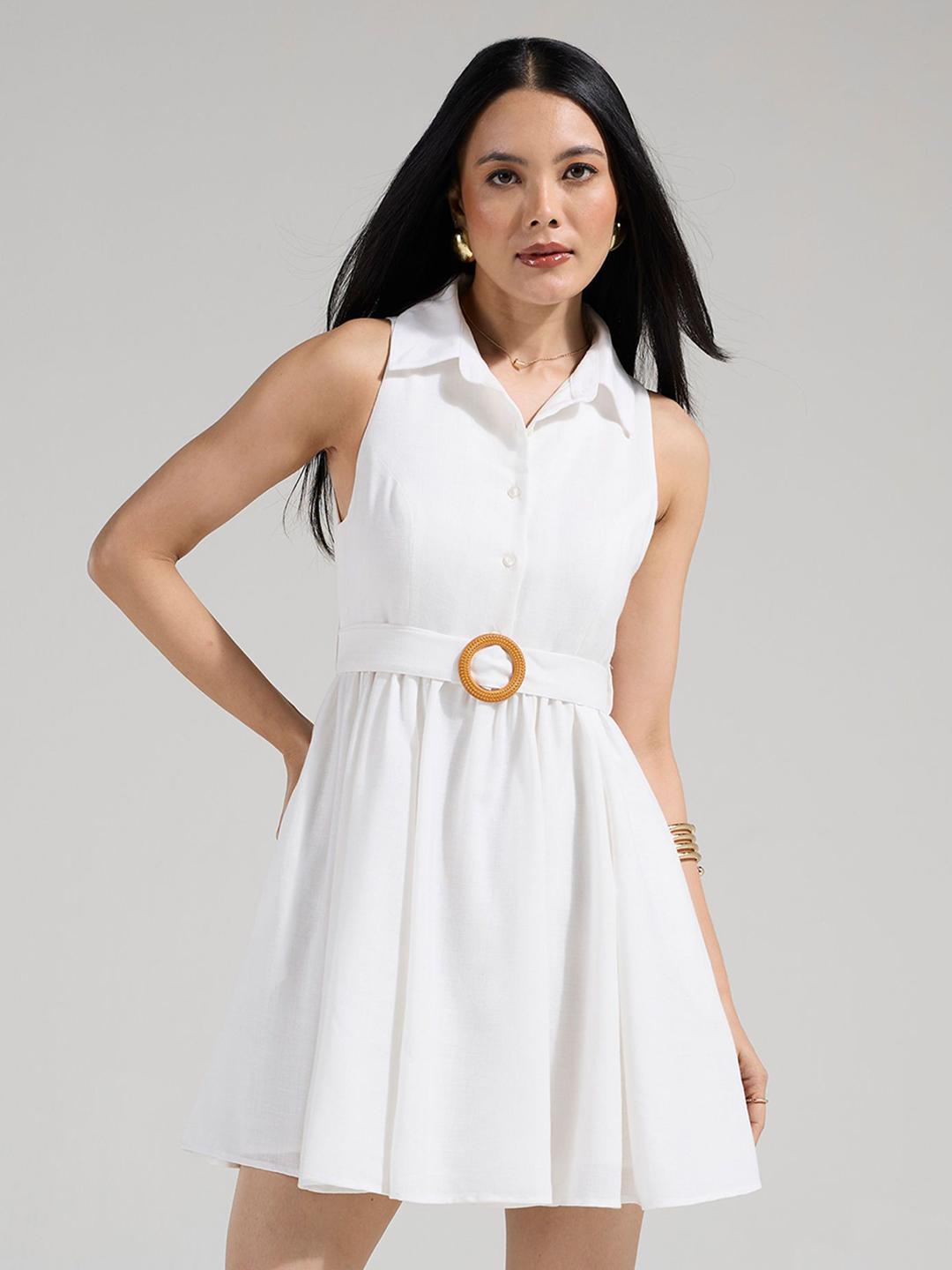 Women's Sleeveless Shirt Collar Belted Shirt Dress
