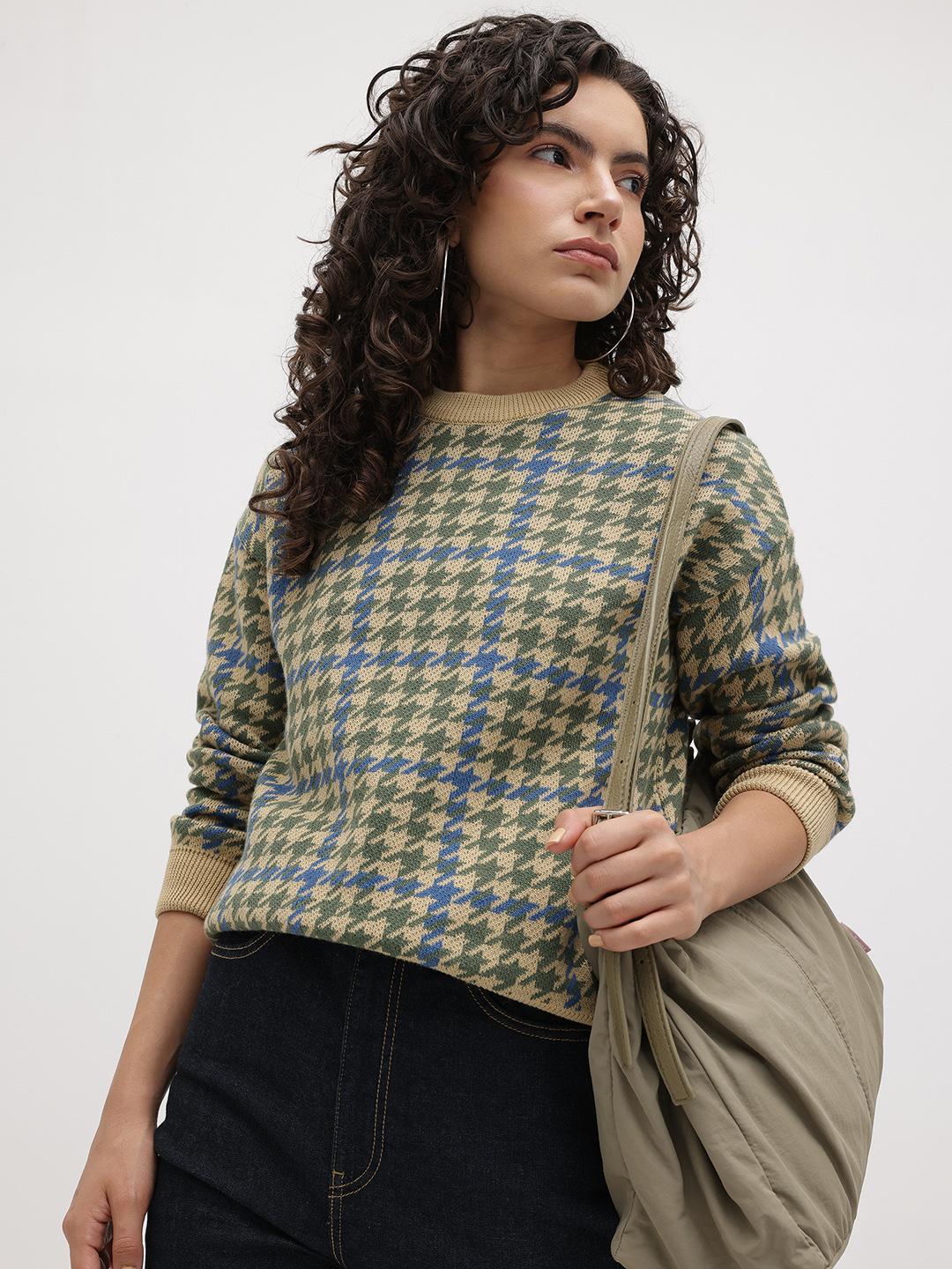 Roadster Geometric Self Design Round Neck Pullover - Image 1