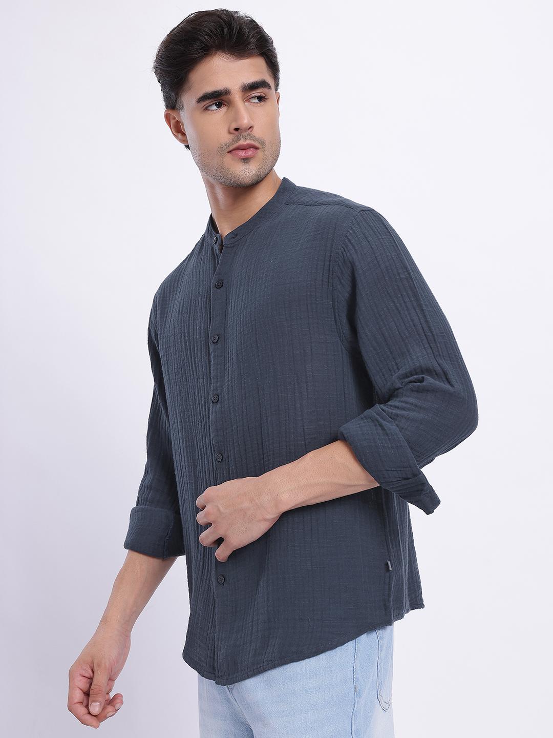 glitchez Crinkled Band Collar Relaxed Fit Shirt