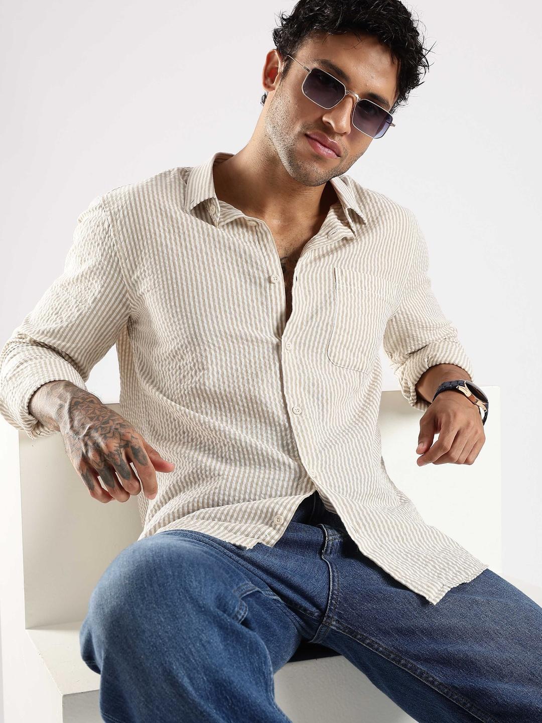 HERE&NOW Beige Striped Cotton Shirt