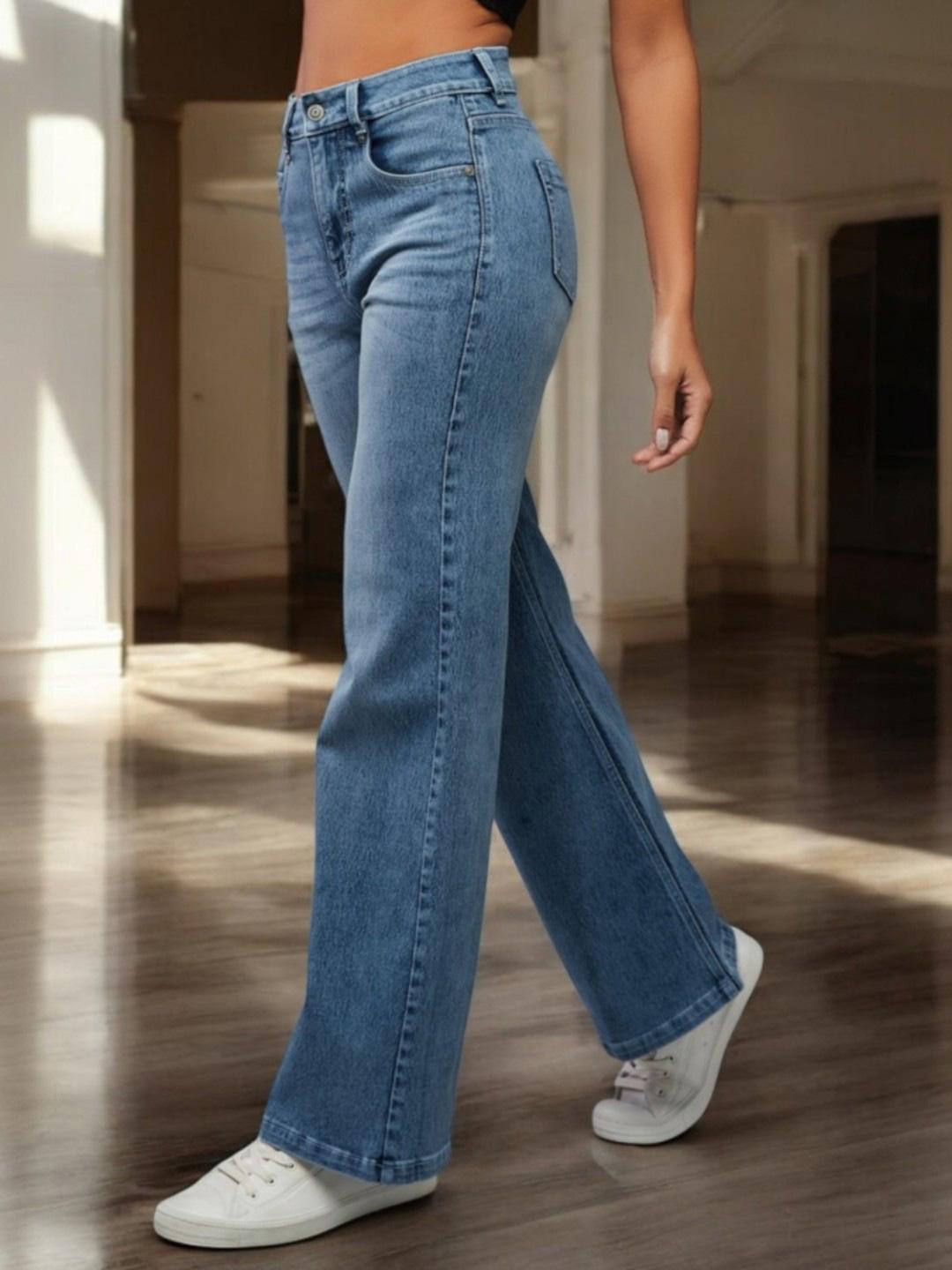 DOLCE CRUDO Women's Wide-Leg High Rise Clean Look Stretchable Shaping Denim Jeans