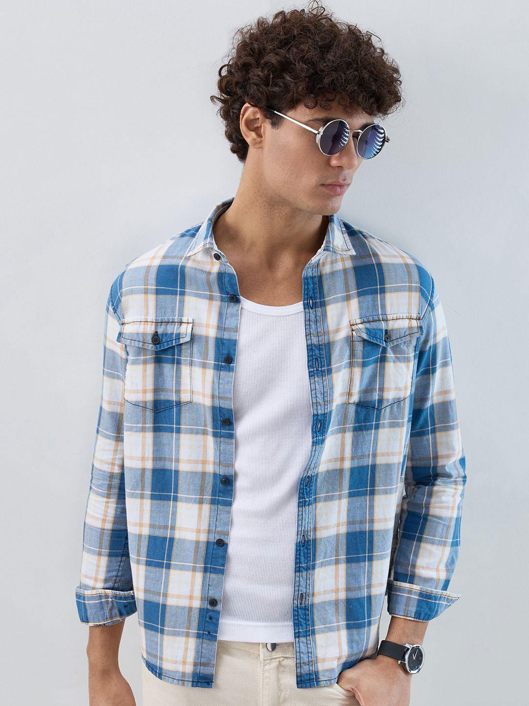 Moda Rapido Men Buffalo Checked Spread Collar Cotton Casual Shirt