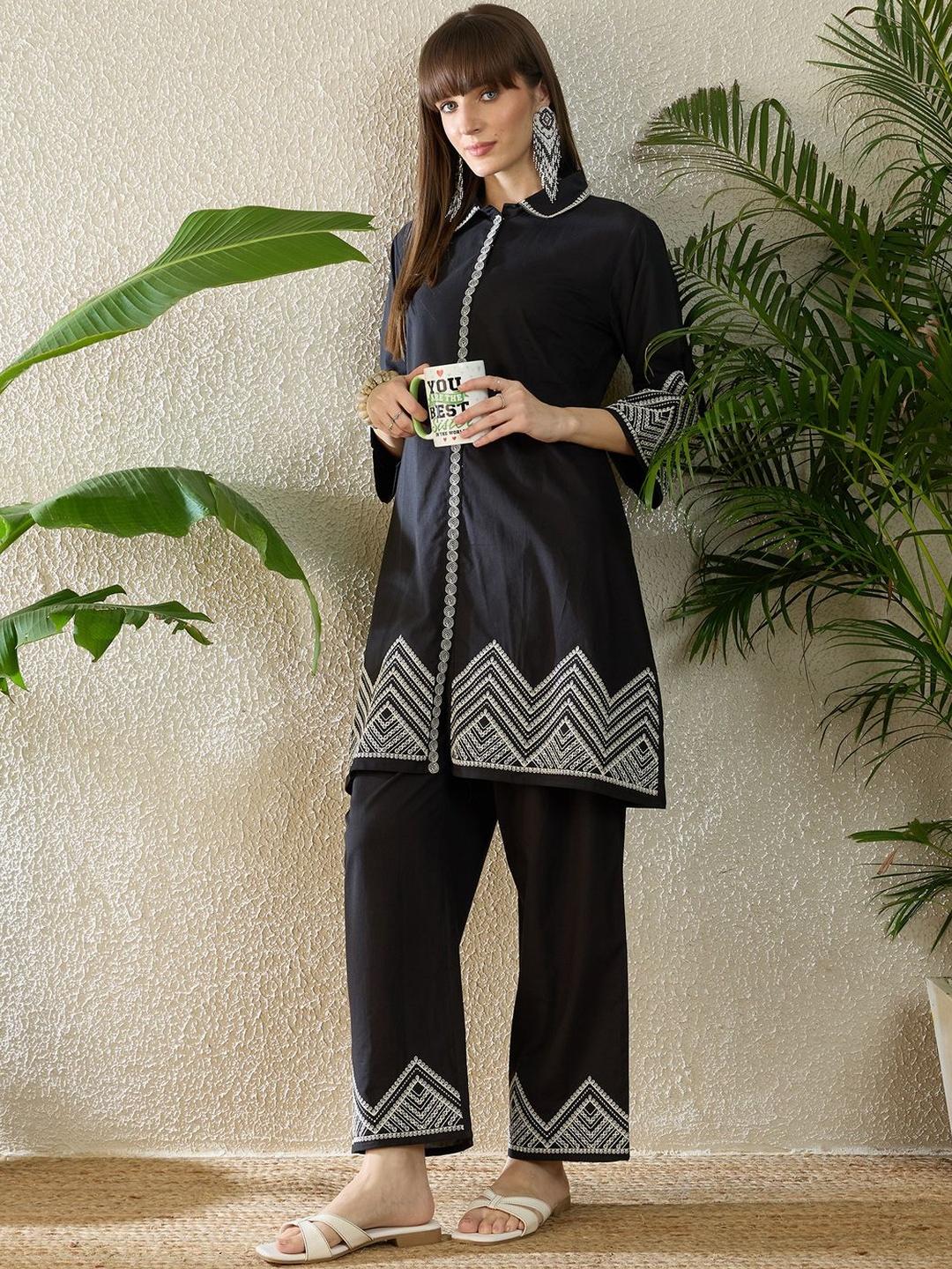Buy Indo Era Embroidered Shirt Collar Three Quarter Sleeves Pure Cotton Tunic And Trousers - - Apparel for Women