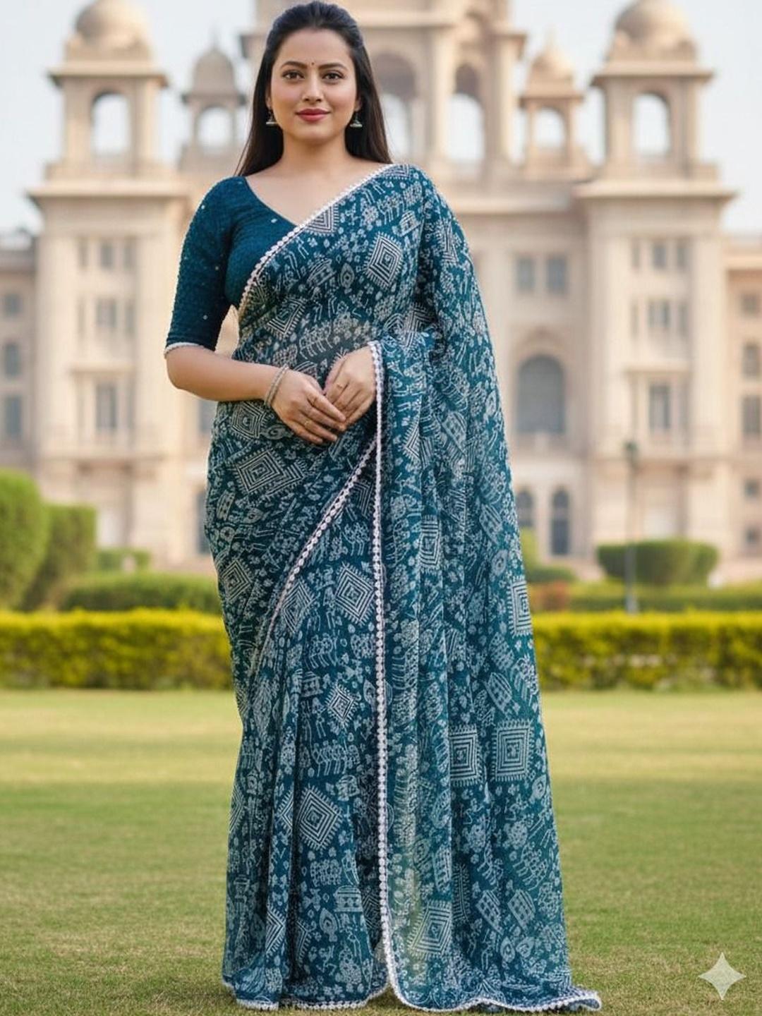 Buy Moda Rapido Ethnic Motifs Printed Pure Georgette Saree With An ...