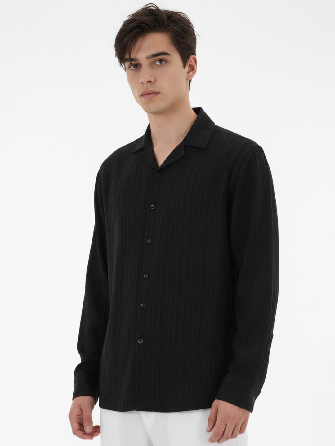 glitchez Self Striped Cuban Collar Casual Shirt