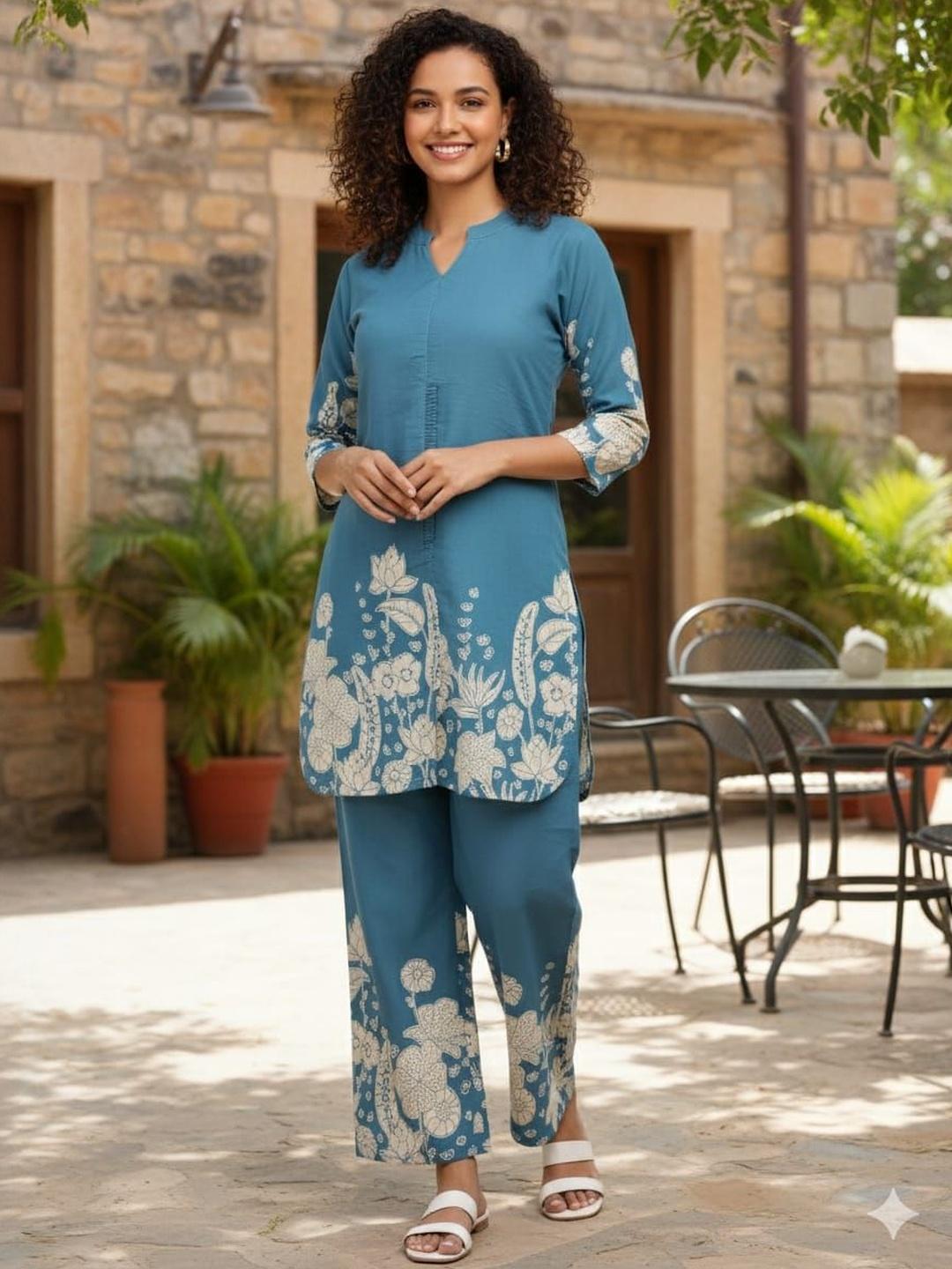 Buy SZN Blue Printed Cotton Tunic And Trouser Co Ords -  - Apparel for Women