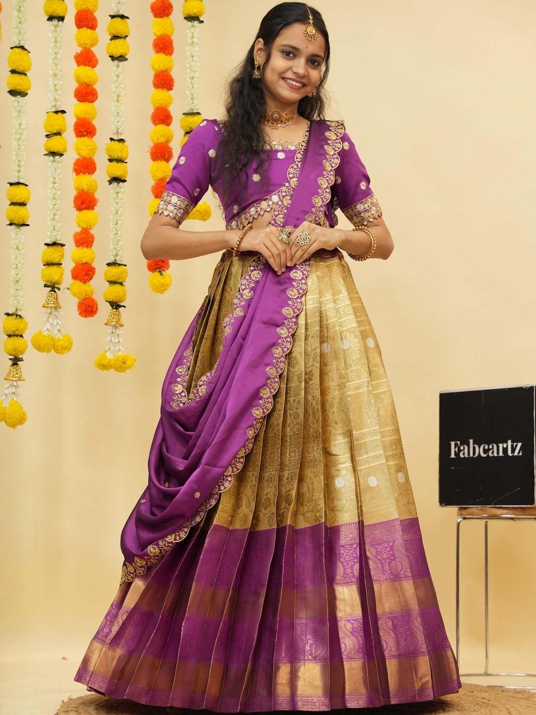 Fabcartz South Indian Style Half Saree With Blouse & Dupatta - Image 1