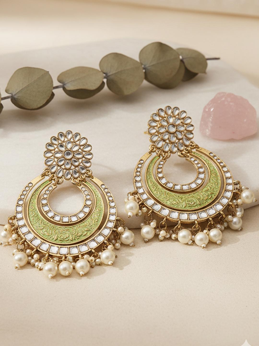 Buy KARATCART Green Gold Plated Contemporary Chandbali Kundan Earrings - - Accessories for Women