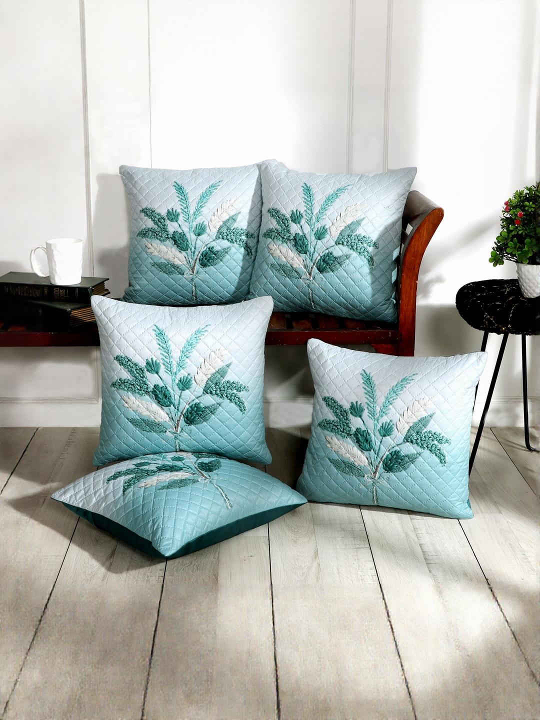 Buy BLUEDOT Blue & Green Floral Velvet 5 Pieces Square Cushion Covers 16 Inch X 16 Inch -  - Home for Unisex