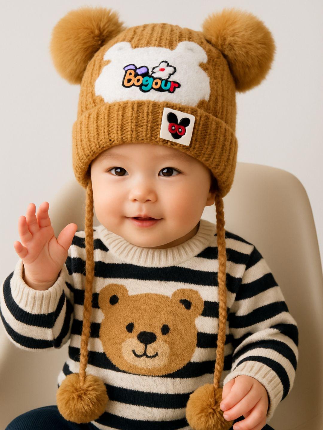 Babyhug Woollen Cap with Bear Design & 3D Applique - Brown main image 0