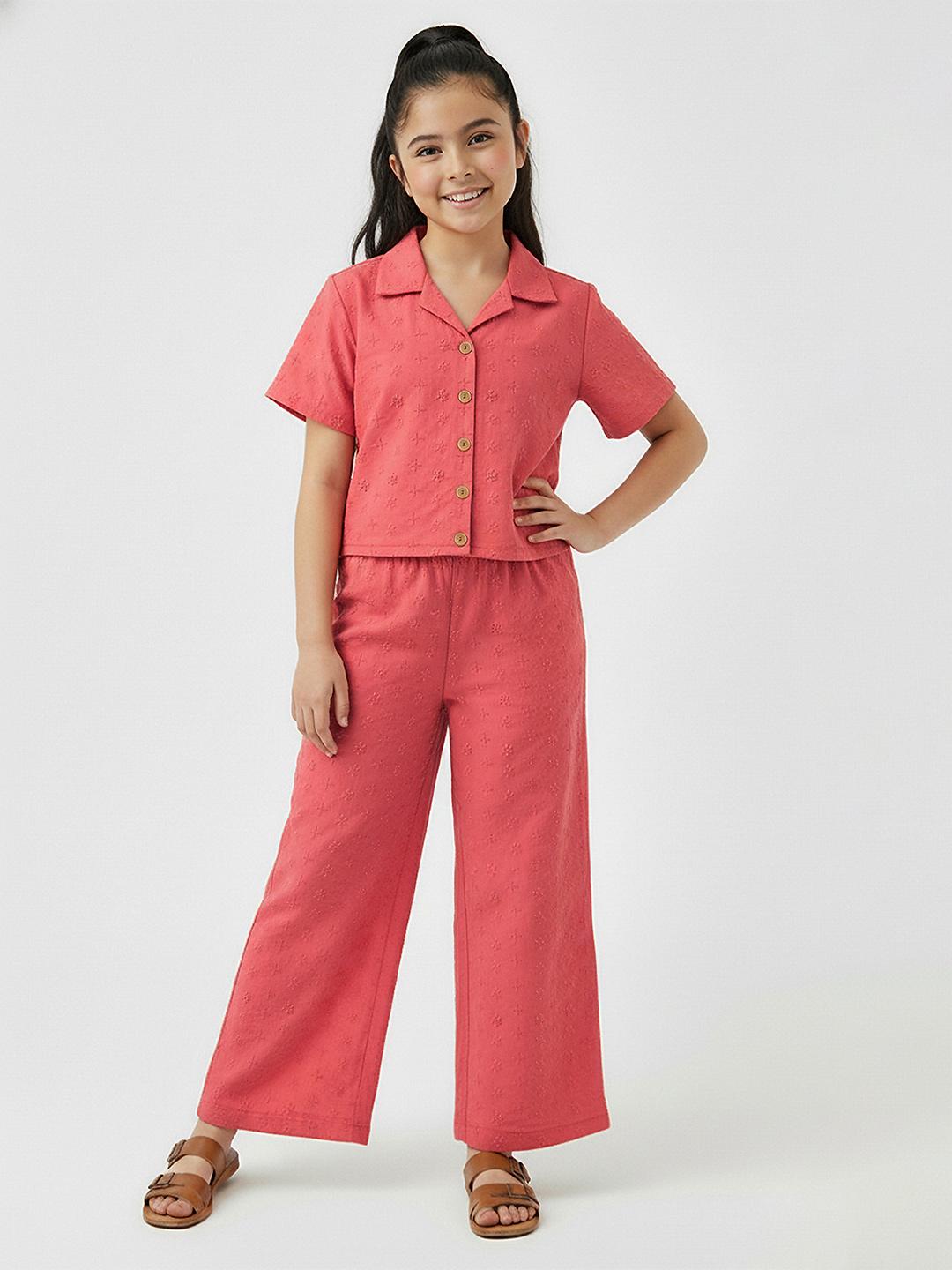 Buy YK X Trampoline Girls Schiffli Embroidered Pure Cotton Shirt With Trousers - - Apparel for Girls
