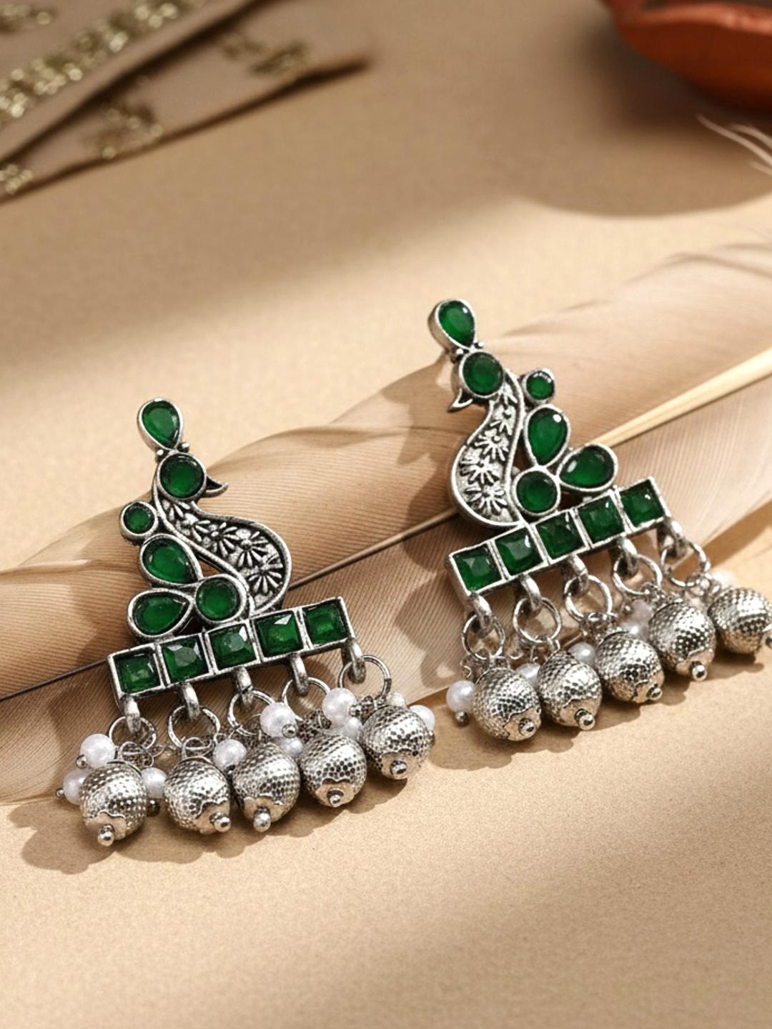 Buy KARATCART Green Silver Plated Contemporary Drop Stone Earrings - - Accessories for Women