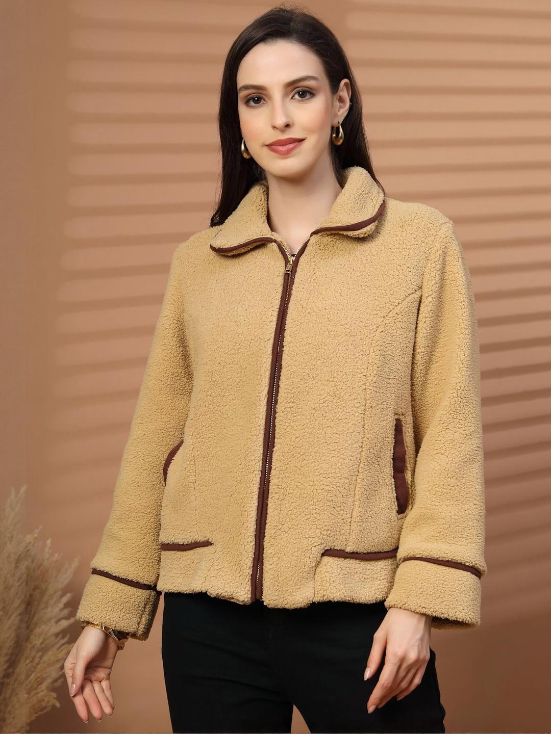 plusS Spread Collar Long Sleeves Fleece Open Front Jacket