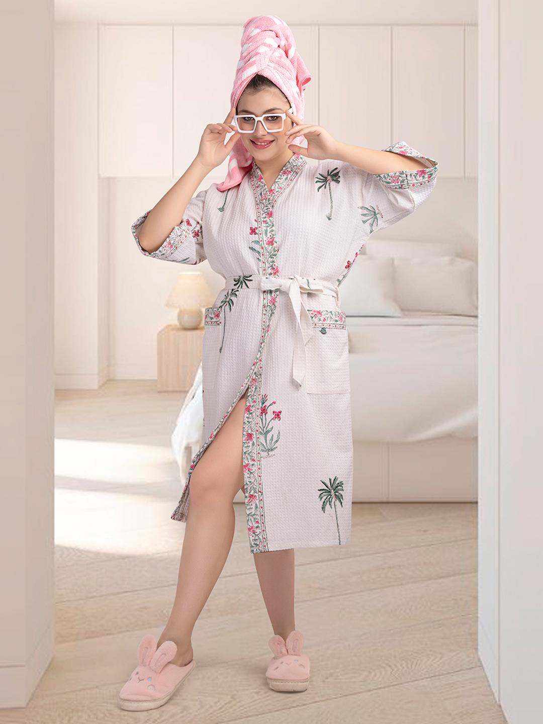 Talia Drawstring Robe Buy LacyLook Block Printed, Leaf 2.0 White Tropical Cotton Drawstring ...