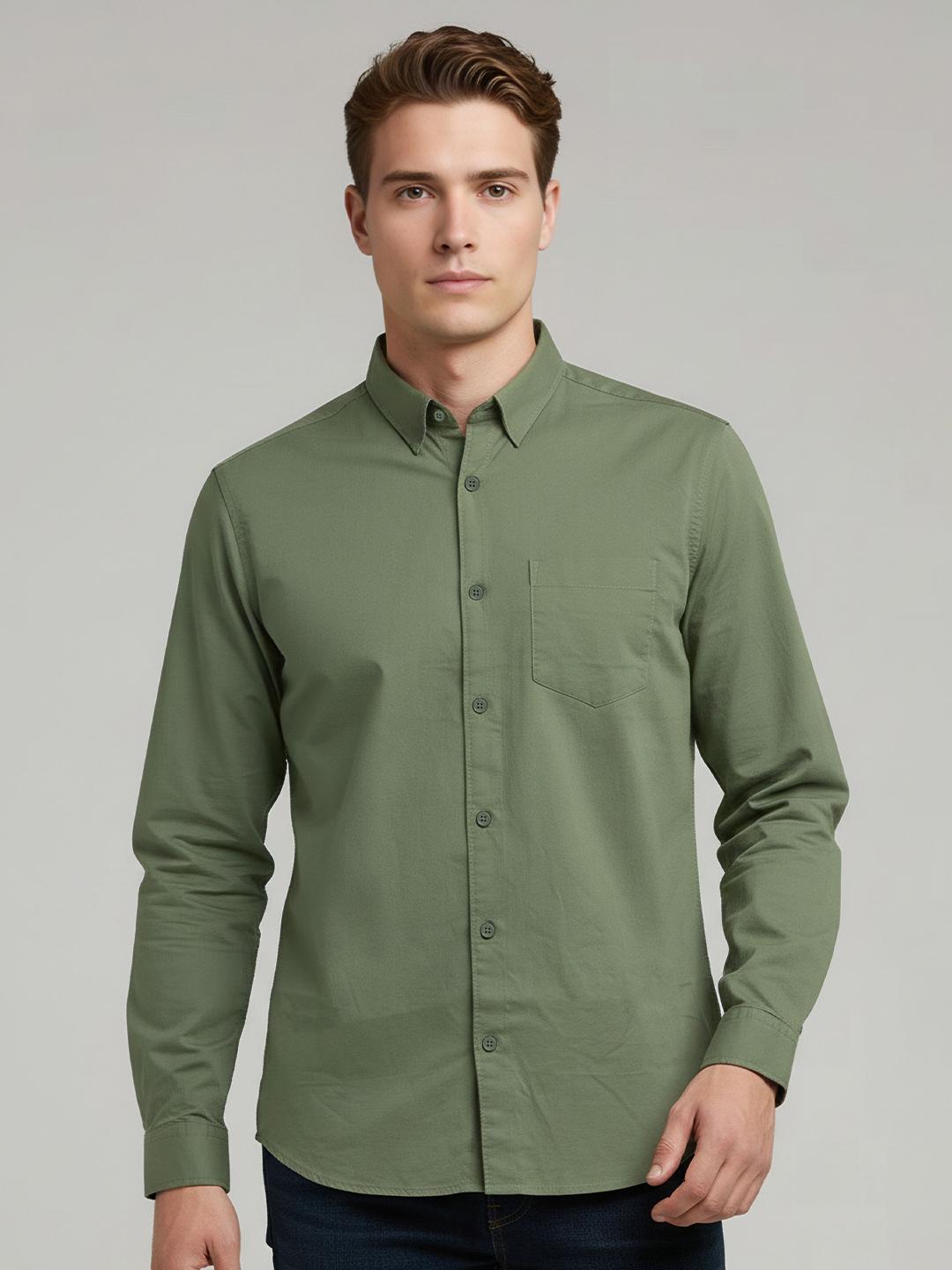 Men's Cream Standard Spread Collar Solid Cotton Casual Shirt
