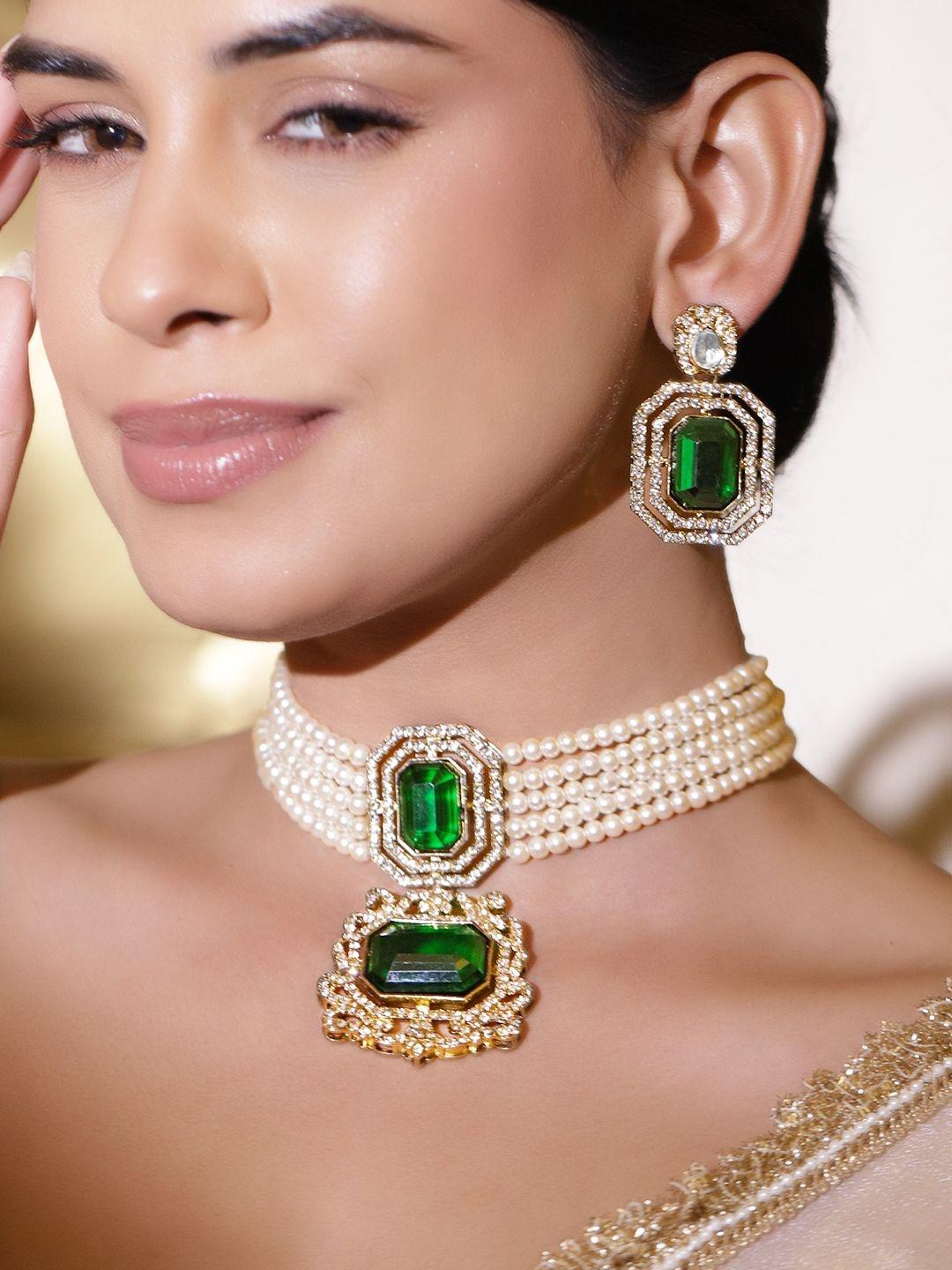Buy Rubans 22K Gold Plated Emerald Green Stones & Cubic Zirconia Pearl Choker Necklace Set -  - Accessories for Women