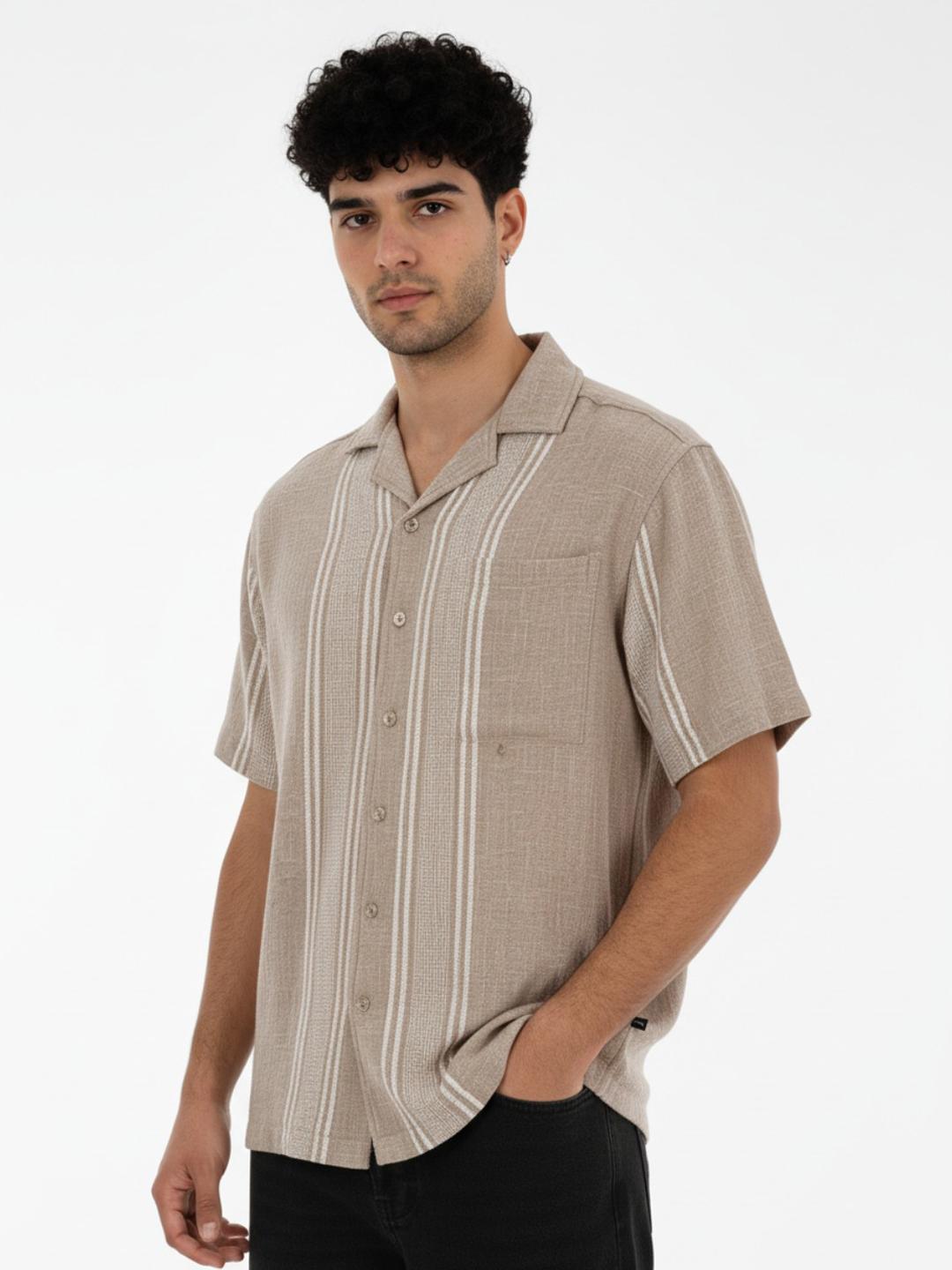 glitchez Striped Cuban Collar Pure Cotton Relaxed Fit Casual Shirt