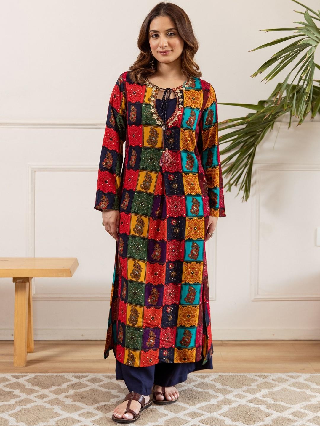 Round Gotta Buy HERE&NOW Geometric Printed Round Neck Gotta Patti Kurta With ...