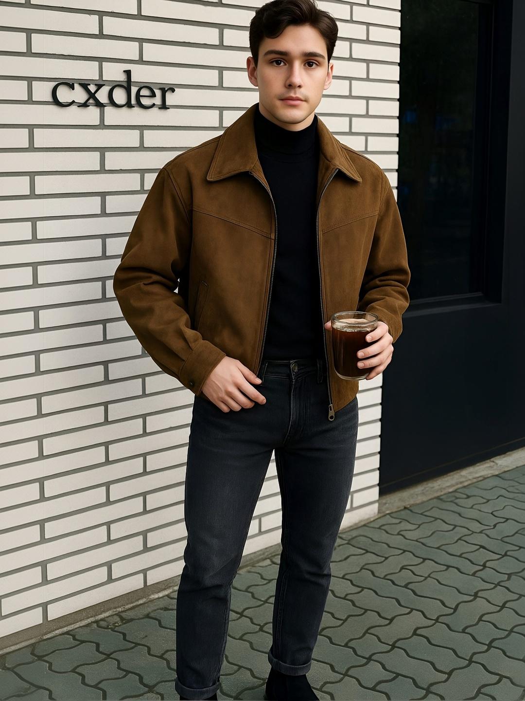 BAESD Men Suede Lightweight Bomber Patchwork Jacket