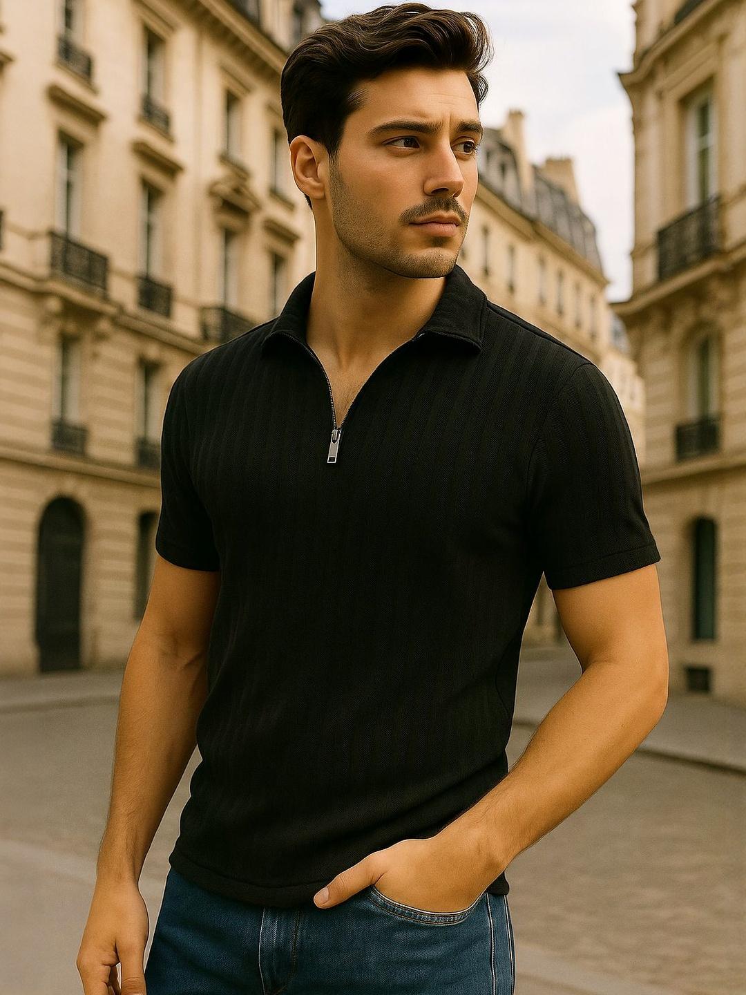 Buy SZN Men Solid Polo Collar Regular Fit T Shirt With Zipper - Tshirts ...
